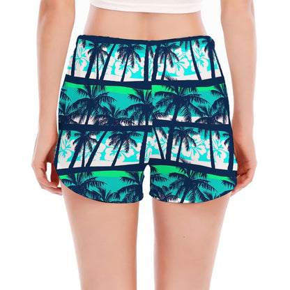 Blue Hibiscus Palm Tree Pattern Print Women's Split Running Shorts
