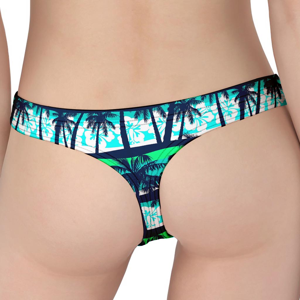 Blue Hibiscus Palm Tree Pattern Print Women's Thong