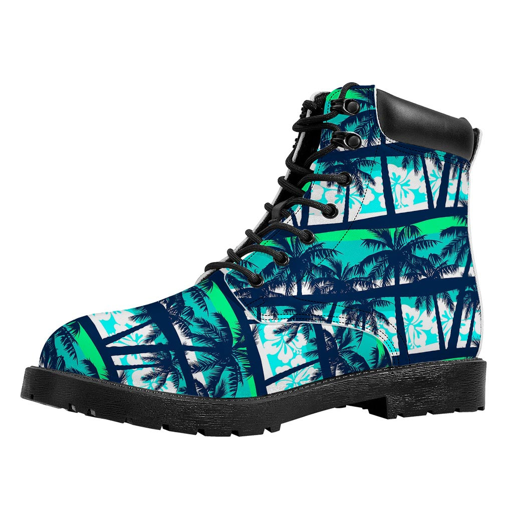 Blue Hibiscus Palm Tree Pattern Print Work Boots