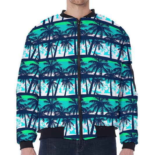 Blue Hibiscus Palm Tree Pattern Print Zip Sleeve Bomber Jacket