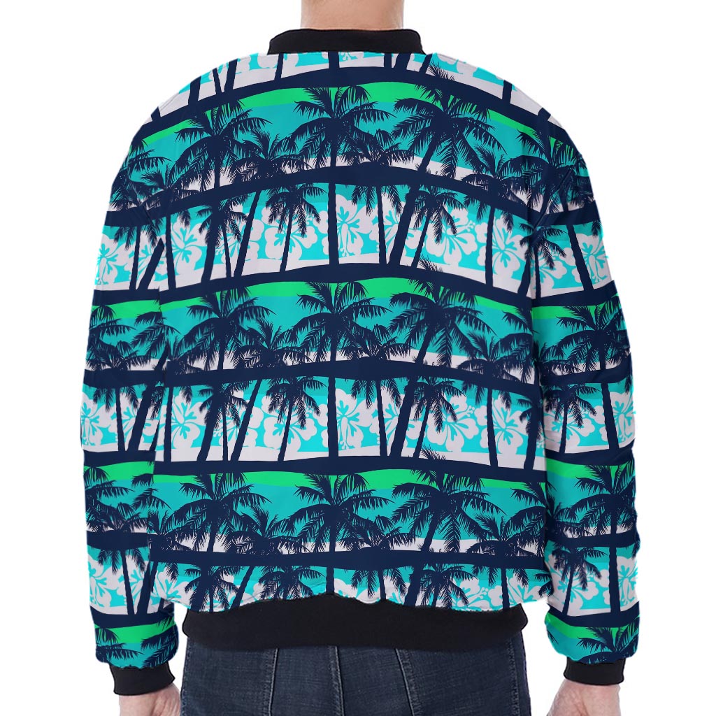 Blue Hibiscus Palm Tree Pattern Print Zip Sleeve Bomber Jacket