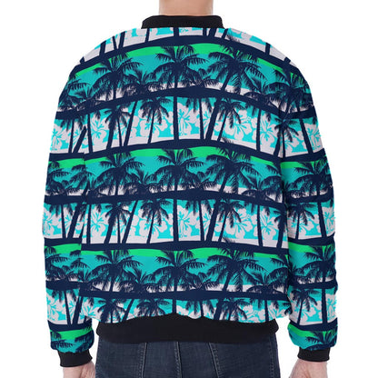 Blue Hibiscus Palm Tree Pattern Print Zip Sleeve Bomber Jacket