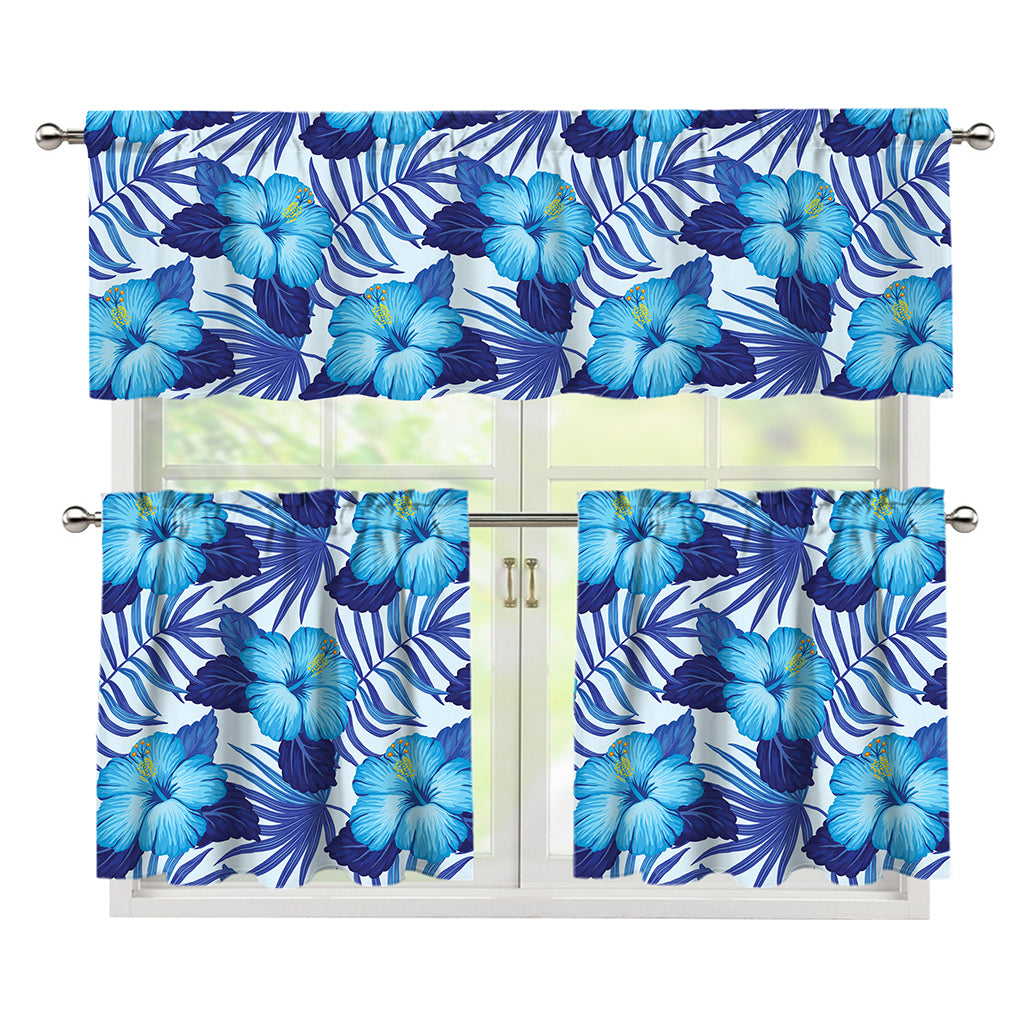 Blue Hibiscus Tropical Pattern Print 3 Piece Kitchen Curtains