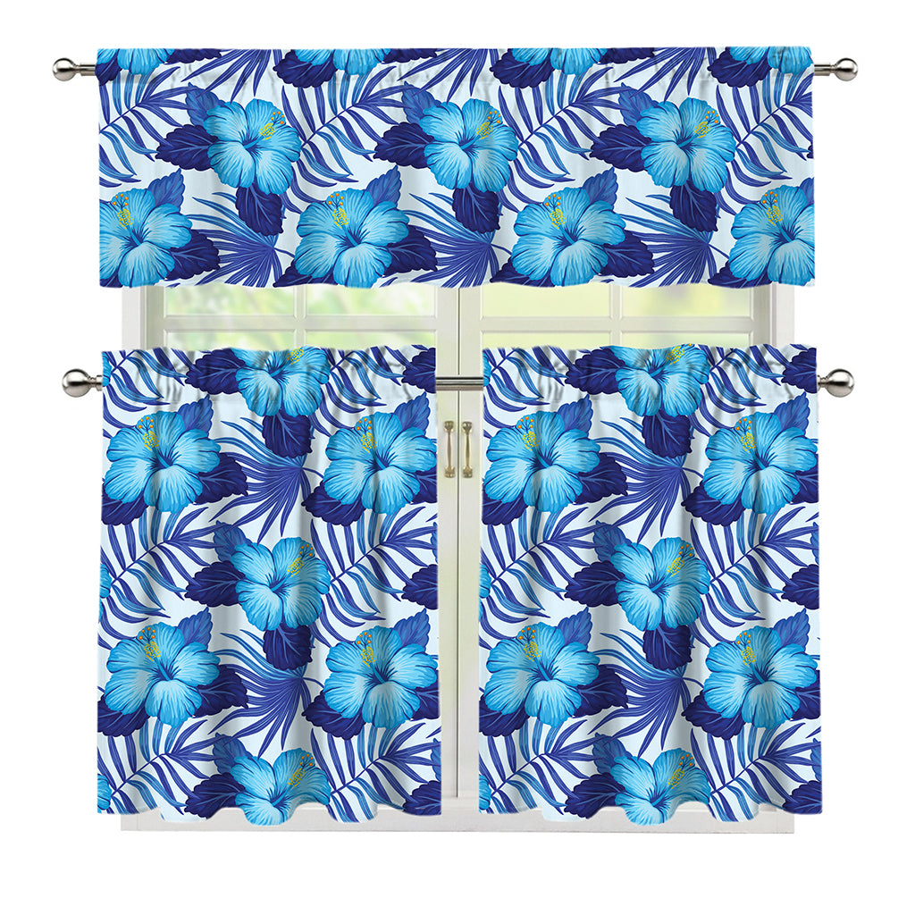 Blue Hibiscus Tropical Pattern Print 3 Piece Kitchen Curtains
