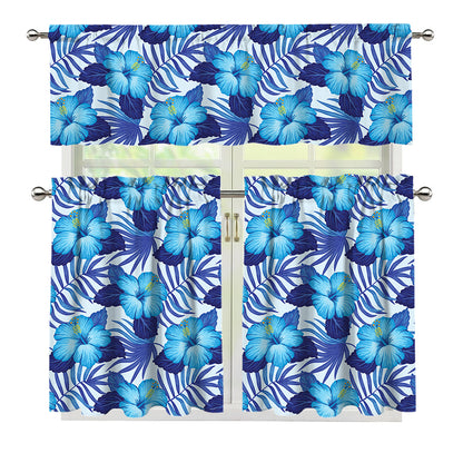 Blue Hibiscus Tropical Pattern Print 3 Piece Kitchen Curtains