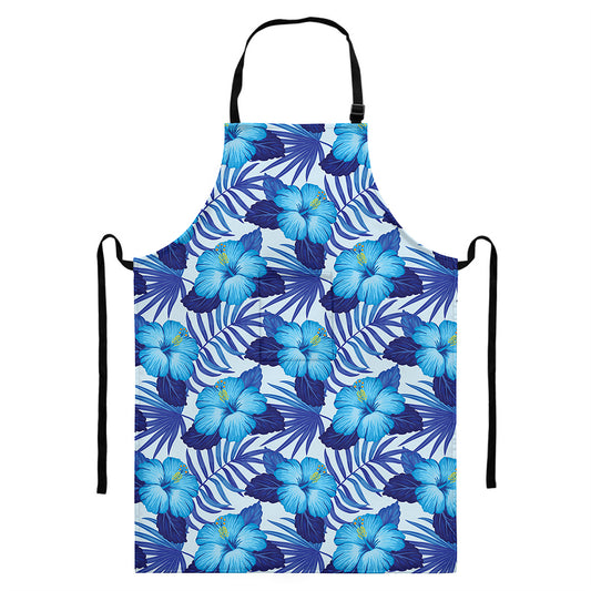 Blue Hibiscus Tropical Pattern Print Bib Apron With Pocket