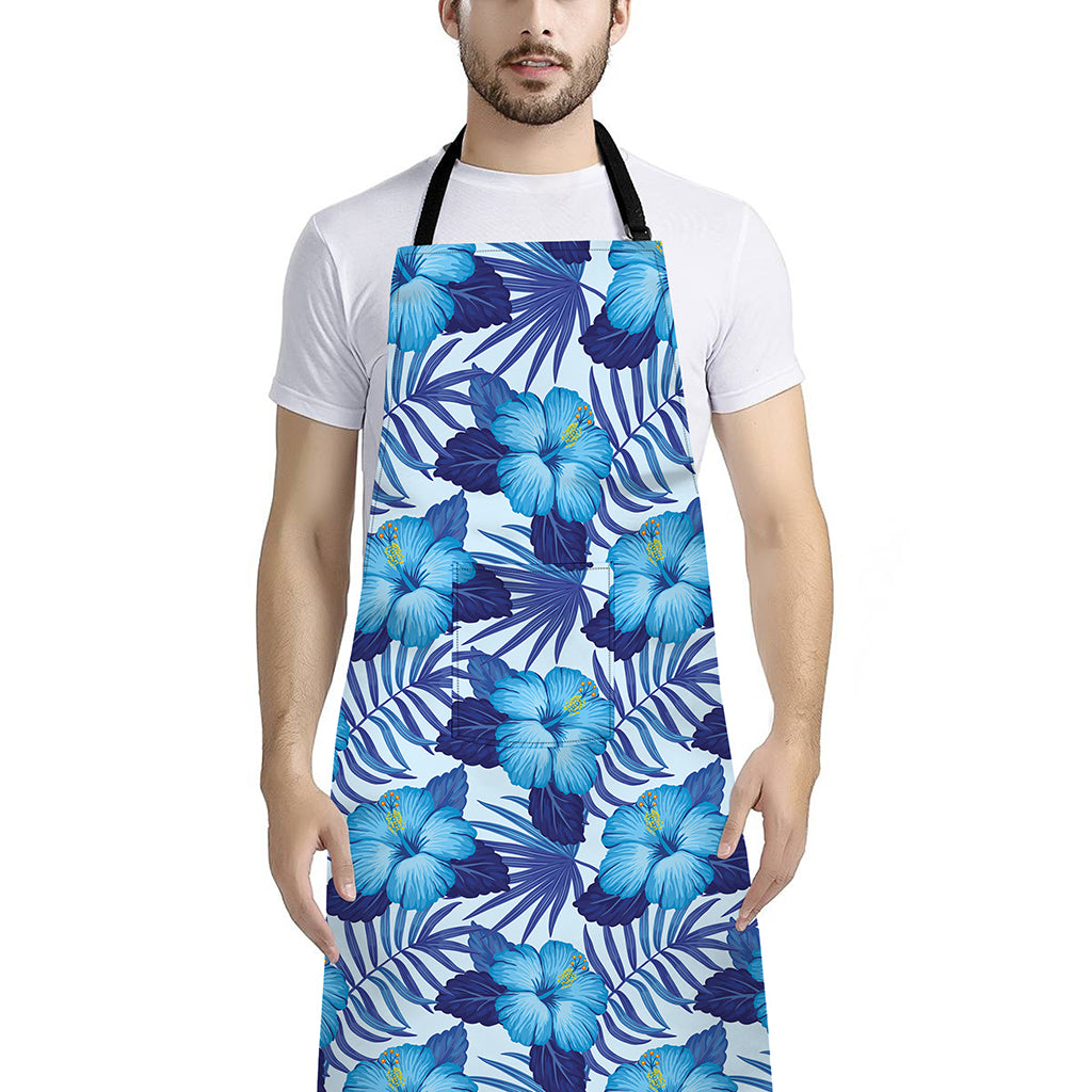 Blue Hibiscus Tropical Pattern Print Bib Apron With Pocket