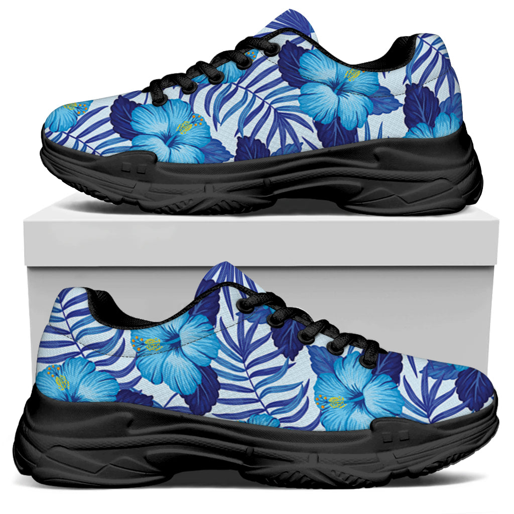 Blue Hibiscus Tropical Pattern Print Black Chunky Shoes