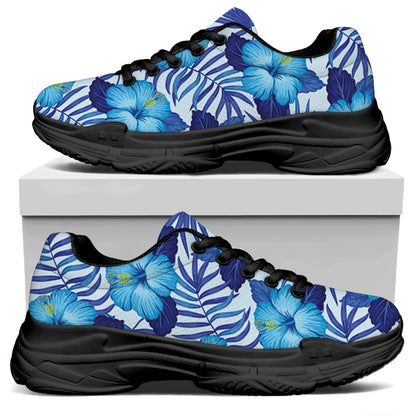 Blue Hibiscus Tropical Pattern Print Black Chunky Shoes
