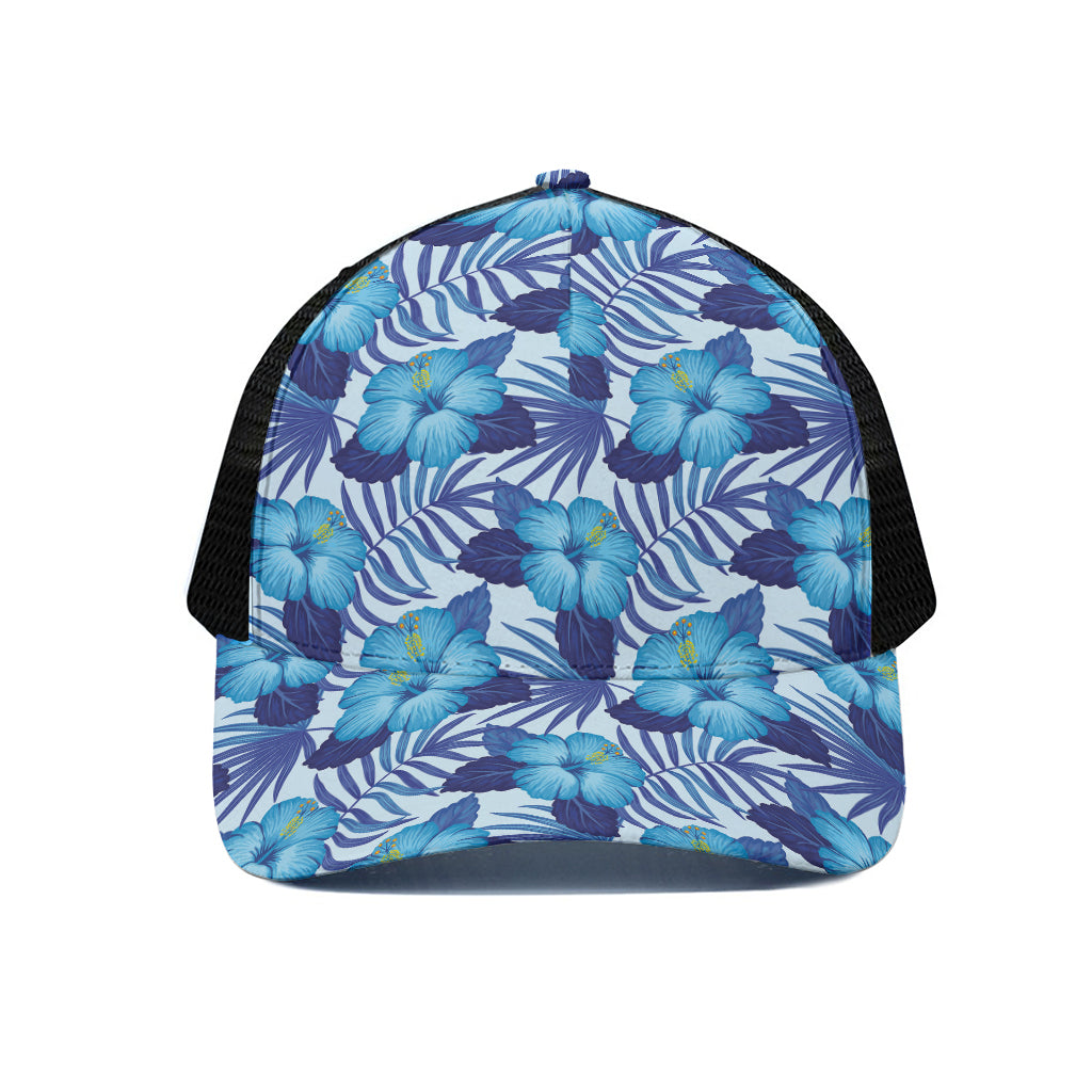 Blue Hibiscus Tropical Pattern Print Black Mesh Trucker Cap