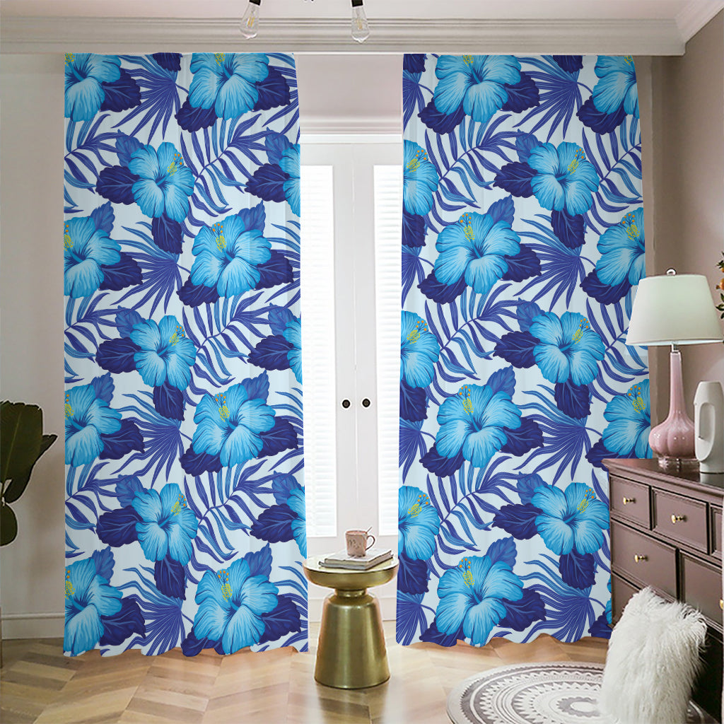 Blue Hibiscus Tropical Pattern Print Blackout Pencil Pleat Curtains