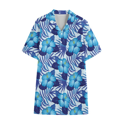 Blue Hibiscus Tropical Pattern Print Cotton Hawaiian Shirt