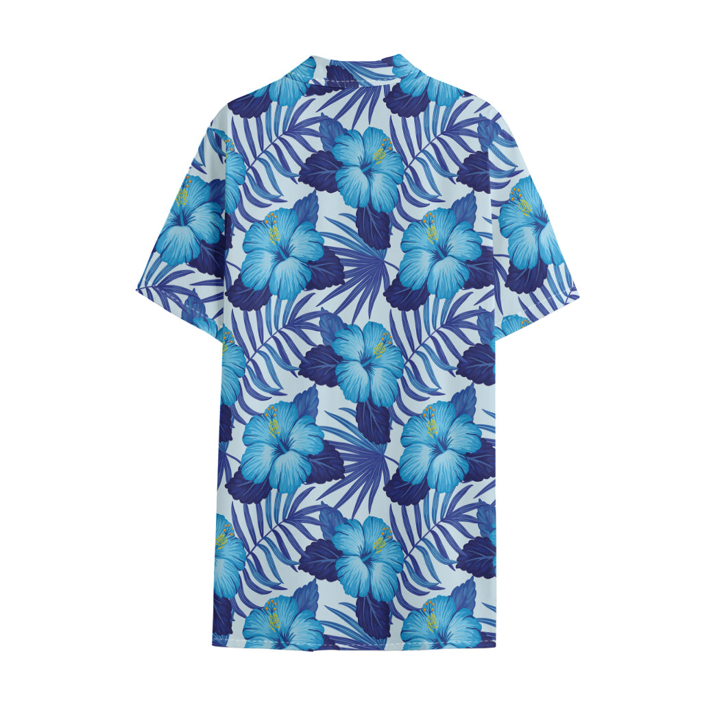 Blue Hibiscus Tropical Pattern Print Cotton Hawaiian Shirt