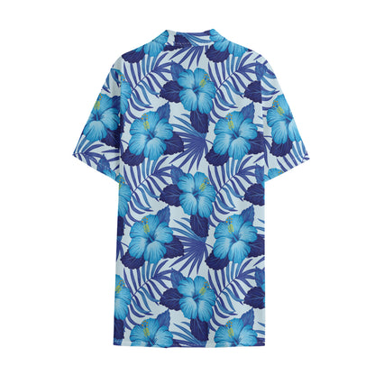 Blue Hibiscus Tropical Pattern Print Cotton Hawaiian Shirt
