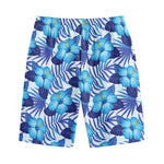 Blue Hibiscus Tropical Pattern Print Cotton Shorts