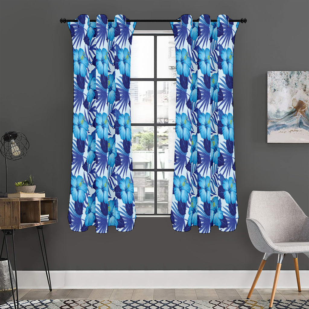 Blue Hibiscus Tropical Pattern Print Curtain