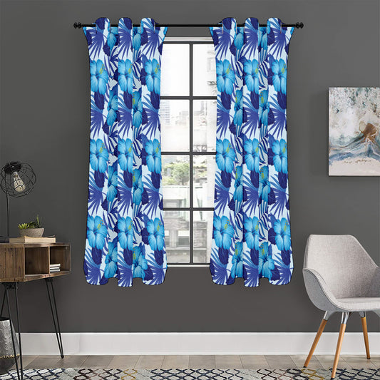 Blue Hibiscus Tropical Pattern Print Curtain