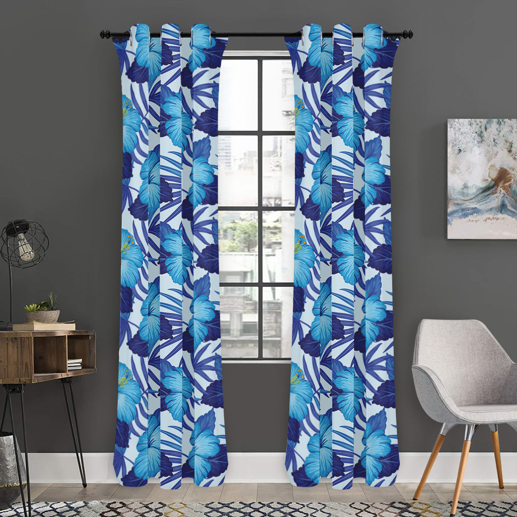 Blue Hibiscus Tropical Pattern Print Curtain