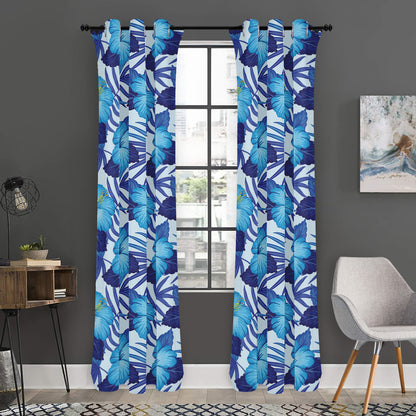 Blue Hibiscus Tropical Pattern Print Curtain