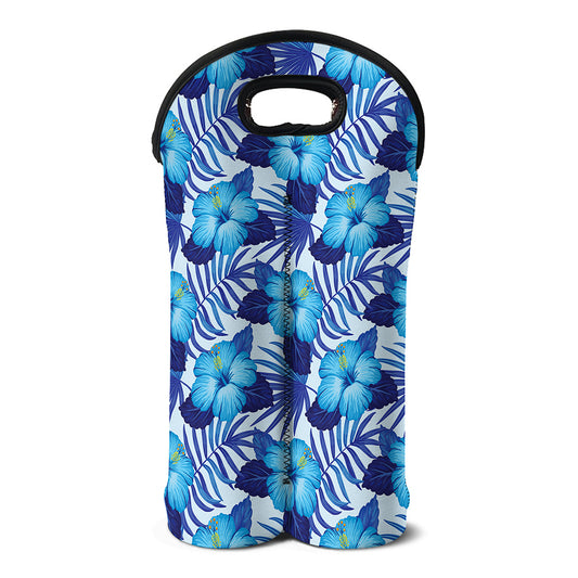 Blue Hibiscus Tropical Pattern Print Double Neoprene Wine Tote