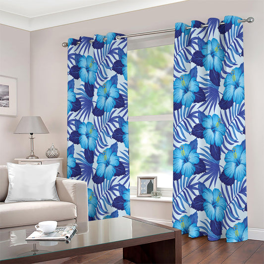 Blue Hibiscus Tropical Pattern Print Extra Wide Grommet Curtains