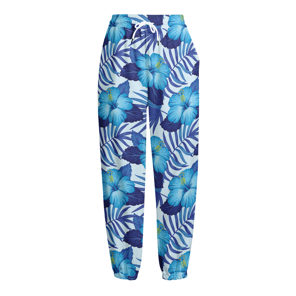 Blue Hibiscus Tropical Pattern Print Fleece Lined Knit Pants