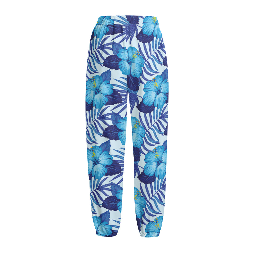 Blue Hibiscus Tropical Pattern Print Fleece Lined Knit Pants