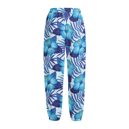 Blue Hibiscus Tropical Pattern Print Fleece Lined Knit Pants