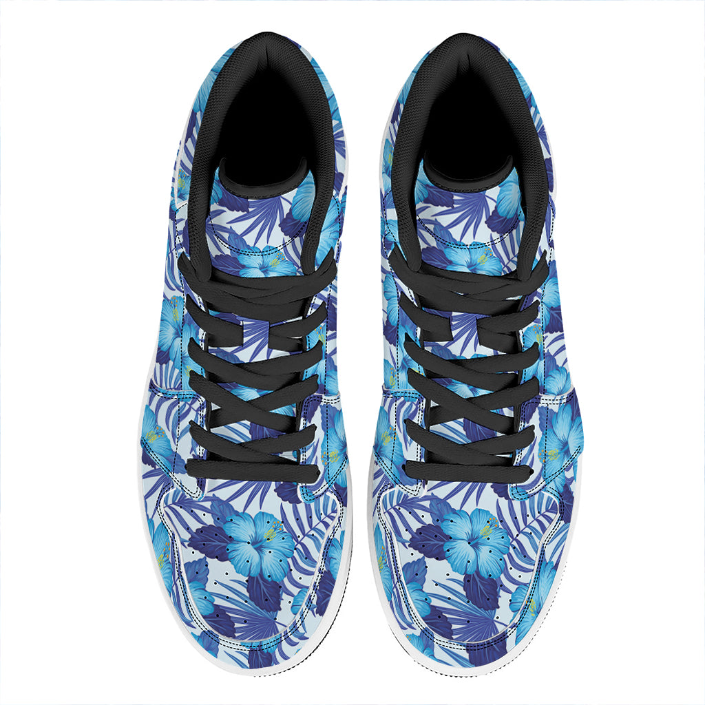 Blue Hibiscus Tropical Pattern Print High Top Leather Sneakers