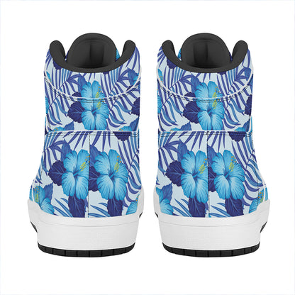 Blue Hibiscus Tropical Pattern Print High Top Leather Sneakers