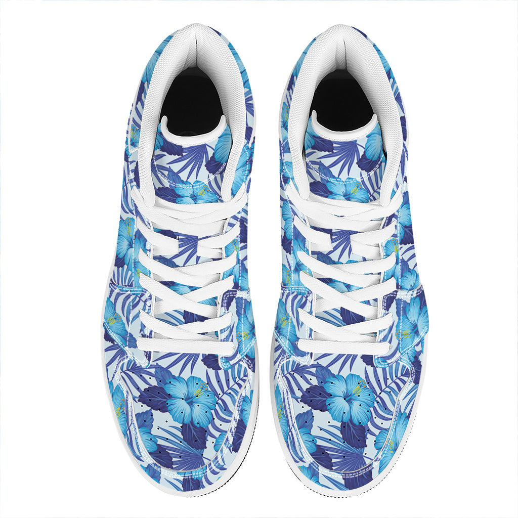 Blue Hibiscus Tropical Pattern Print High Top Leather Sneakers
