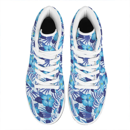 Blue Hibiscus Tropical Pattern Print High Top Leather Sneakers