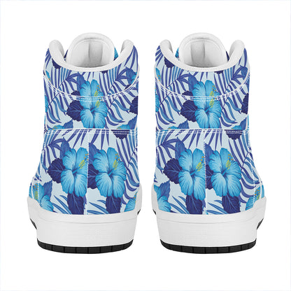 Blue Hibiscus Tropical Pattern Print High Top Leather Sneakers