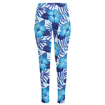 Blue Hibiscus Tropical Pattern Print High-Waisted Pocket Leggings