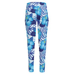 Blue Hibiscus Tropical Pattern Print High-Waisted Pocket Leggings
