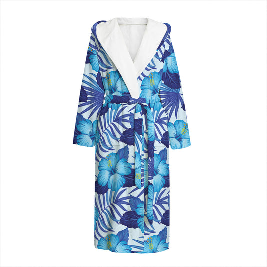 Blue Hibiscus Tropical Pattern Print Hooded Bathrobe