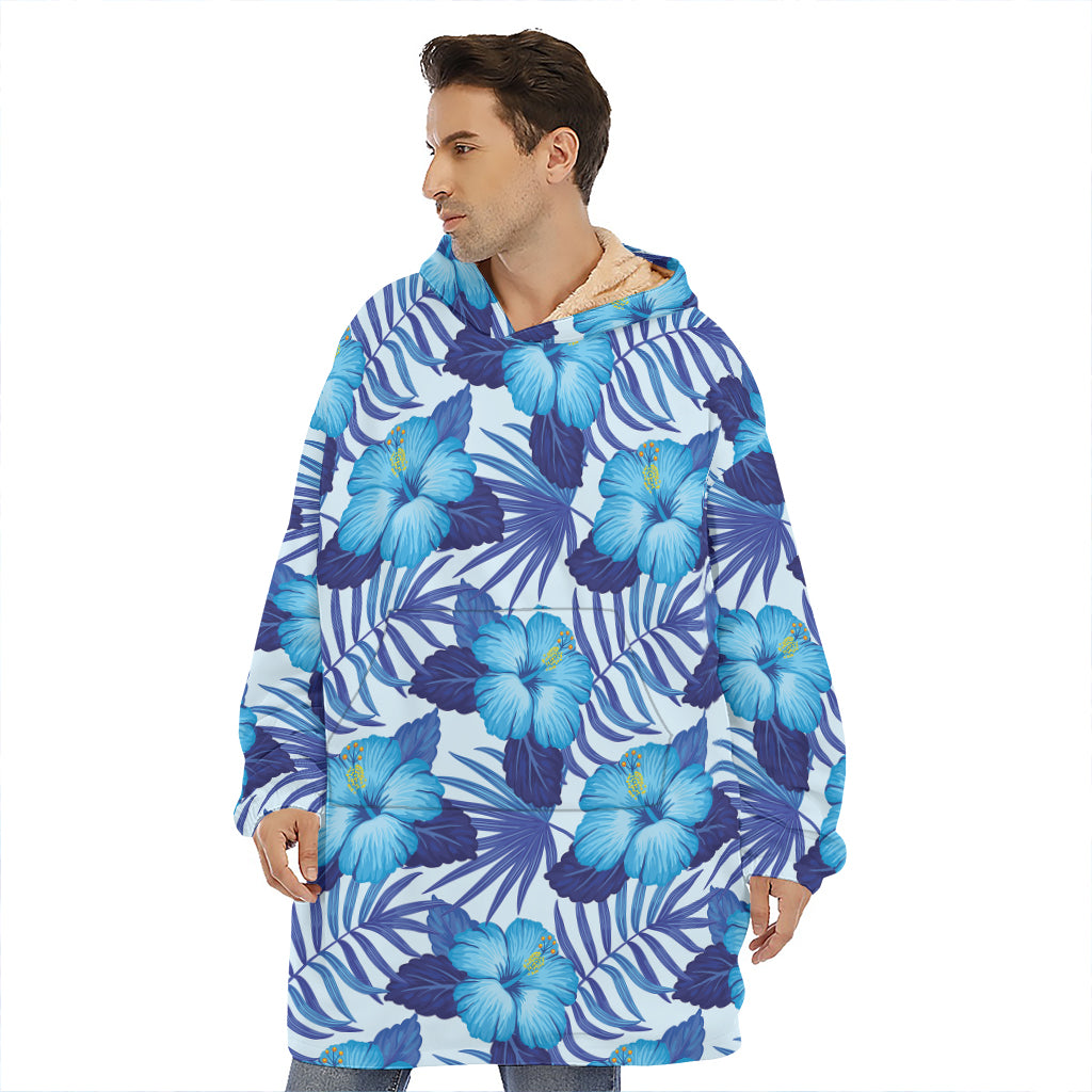 Blue Hibiscus Tropical Pattern Print Hoodie Blanket
