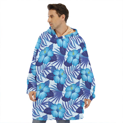 Blue Hibiscus Tropical Pattern Print Hoodie Blanket