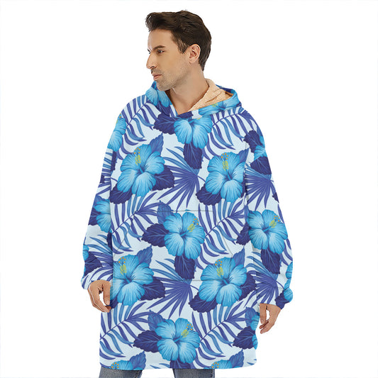 Blue Hibiscus Tropical Pattern Print Hoodie Blanket