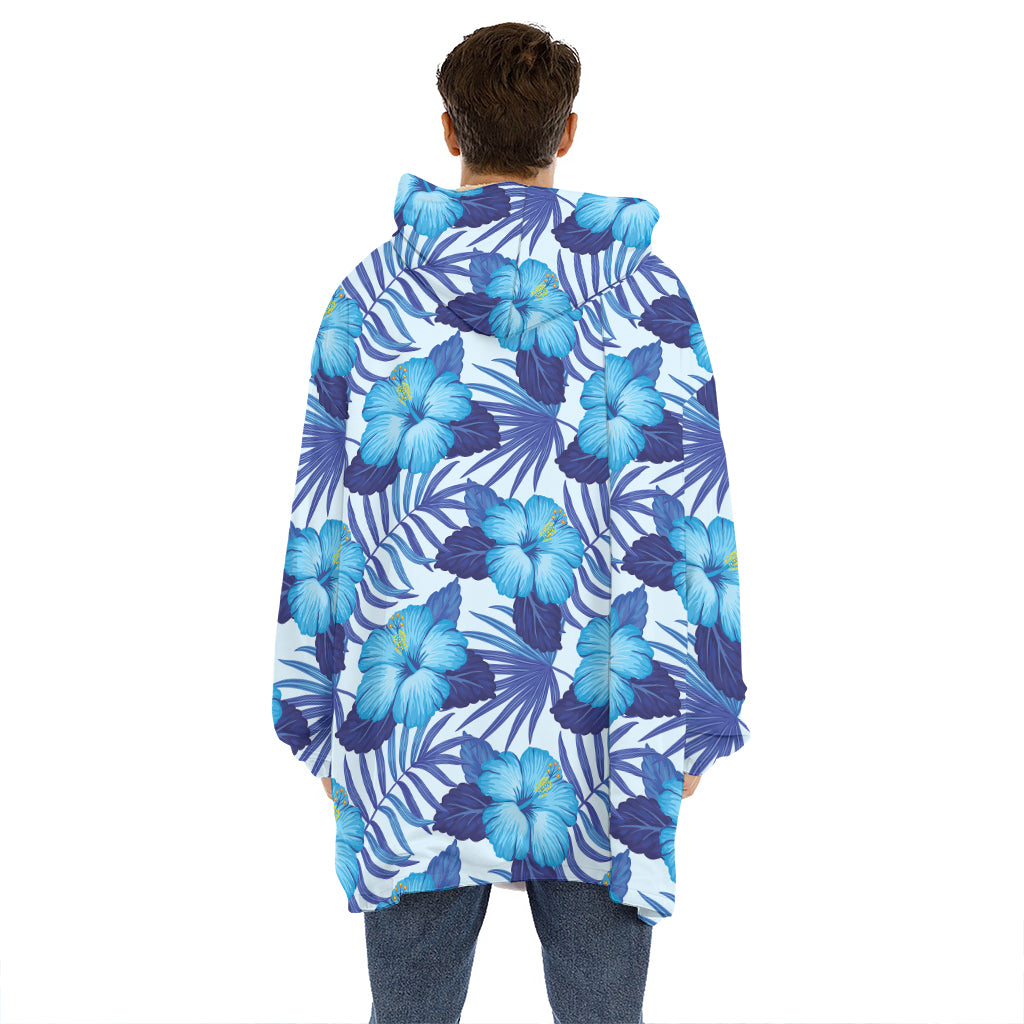 Blue Hibiscus Tropical Pattern Print Hoodie Blanket
