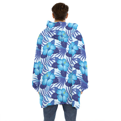 Blue Hibiscus Tropical Pattern Print Hoodie Blanket