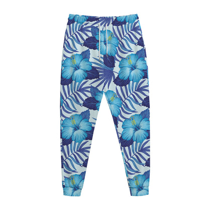 Blue Hibiscus Tropical Pattern Print Jogger Pants
