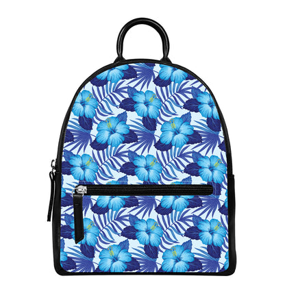 Blue Hibiscus Tropical Pattern Print Leather Backpack