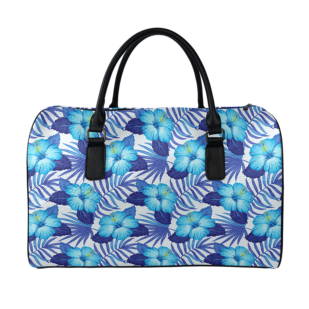 Blue Hibiscus Tropical Pattern Print Leather Duffle Bag