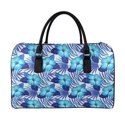 Blue Hibiscus Tropical Pattern Print Leather Duffle Bag