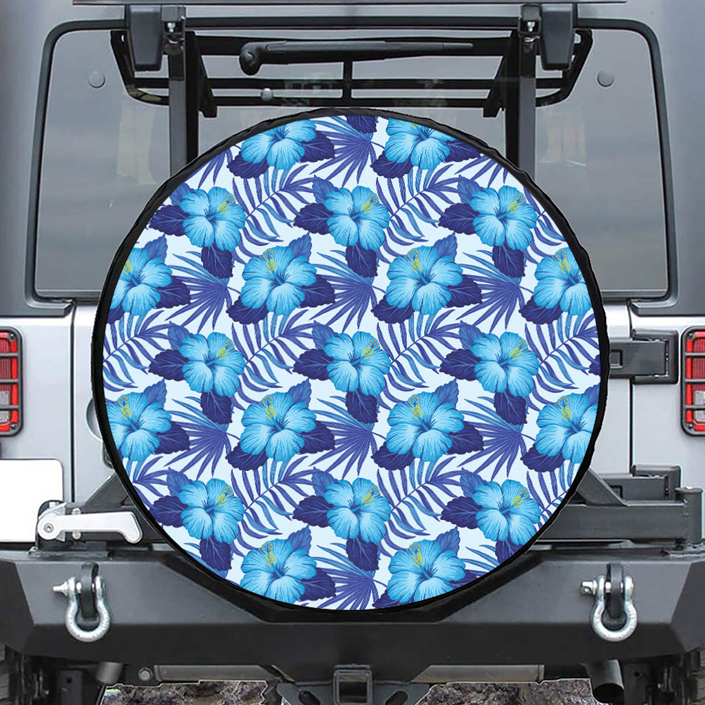 Blue Hibiscus Tropical Pattern Print Leather Spare Tire Cover