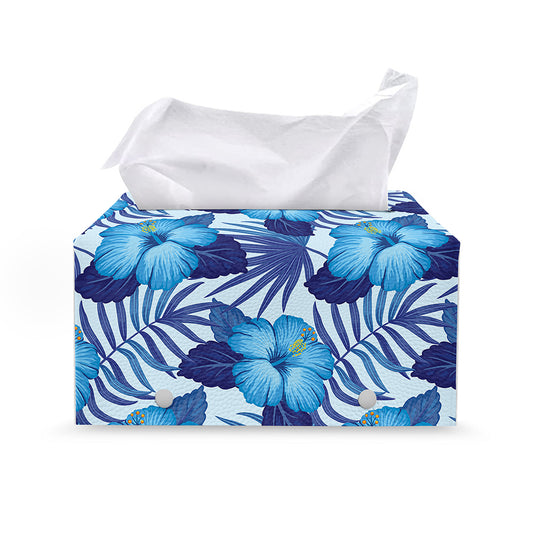 Blue Hibiscus Tropical Pattern Print Leather Tissue Box Cover