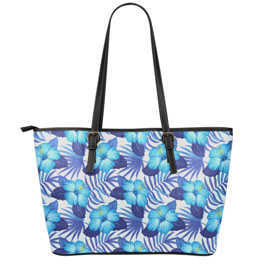 Blue Hibiscus Tropical Pattern Print Leather Tote Bag