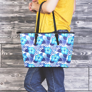 Blue Hibiscus Tropical Pattern Print Leather Tote Bag