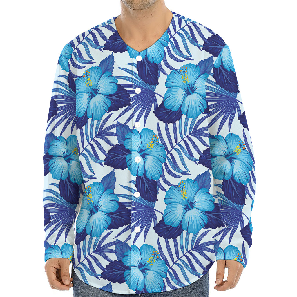 Blue Hibiscus Tropical Pattern Print Long Sleeve Baseball Jersey